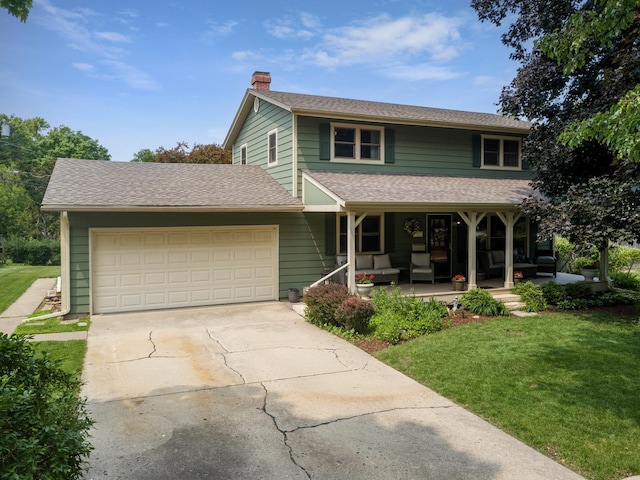 611 S 10th Ave, Saint Charles, IL 60174 - view of front of house featuring a porch, a chimney, a front yard, and a garage