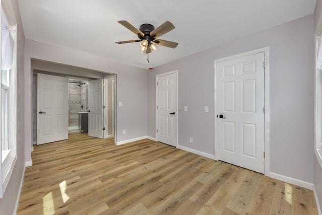 3708 W 162nd Pl, Markham, IL 60428 - unfurnished bedroom featuring light wood-style floors, ceiling fan, and ensuite bathroom