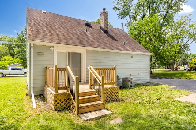 3708 W 162nd Pl, Markham, IL 60428 - rear view of house with a chimney, a yard, a wooden deck, and a shingled roof