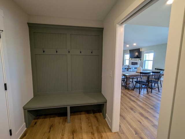 1785 Condor Dr, Manteno, IL 60950 - mudroom with wood finished floors, baseboards, a fireplace, and recessed lighting