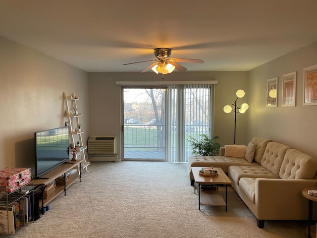 1188 Royal Glen Dr Unit 211, Glen Ellyn, IL 60137 - carpeted living room with a ceiling fan and a wall mounted air conditioner