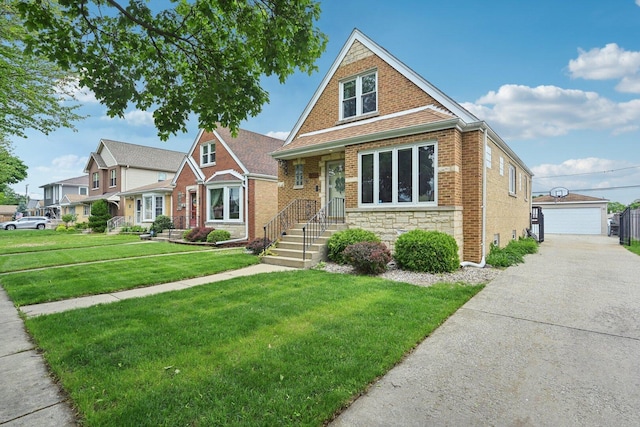 7517 N Oketo Ave, Chicago, IL 60631 - view of front facade featuring an outdoor structure, a front yard, a garage, stone siding, and brick siding