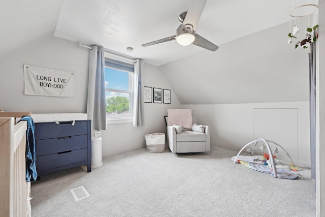 7517 N Oketo Ave, Chicago, IL 60631 - game room featuring vaulted ceiling, carpet, and ceiling fan