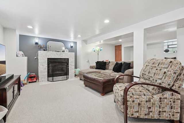 7517 N Oketo Ave, Chicago, IL 60631 - living area featuring carpet flooring, recessed lighting, and a fireplace with flush hearth