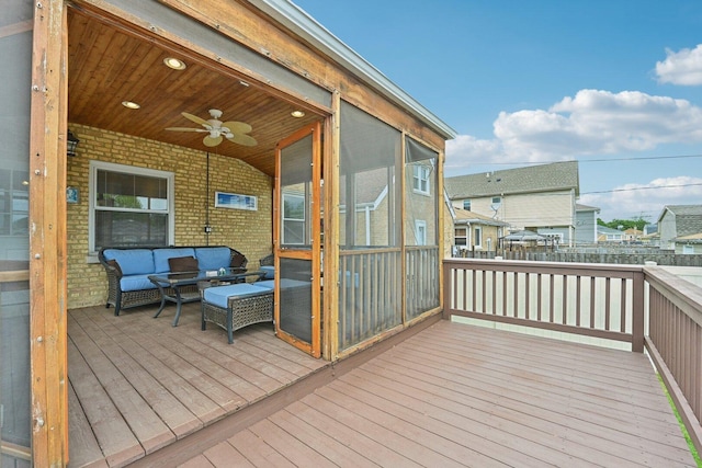 7517 N Oketo Ave, Chicago, IL 60631 - wooden deck featuring ceiling fan, a sunroom, and an outdoor hangout area