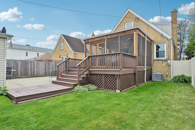 7517 N Oketo Ave, Chicago, IL 60631 - rear view of house featuring a sunroom, a wooden deck, central air condition unit, a chimney, and stairway