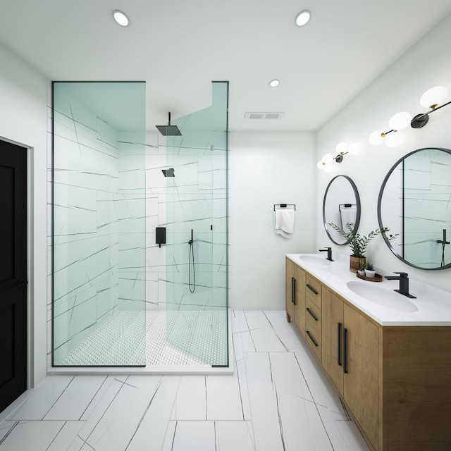 2636 W Evergreen Ave Unit 1, Chicago, IL 60622 - bathroom with double vanity, a tile shower, and recessed lighting