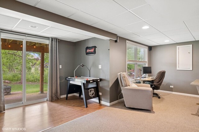 2834 Forestview Dr, Carpentersville, IL 60110 - office space with baseboards, recessed lighting, a paneled ceiling, carpet floors, and wood finished floors