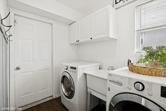 2834 Forestview Dr, Carpentersville, IL 60110 - washroom featuring washer and clothes dryer, cabinet space, and dark wood-type flooring