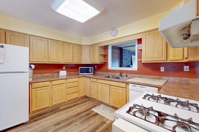 143 Scott Dr, East Dundee, IL 60118 - kitchen with white appliances, light brown cabinetry, a sink, and range hood