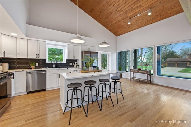 1520 Silver Maple Ct, Naperville, IL 60563 - kitchen with appliances with stainless steel finishes, wooden ceiling, high vaulted ceiling, a kitchen bar, and white cabinets