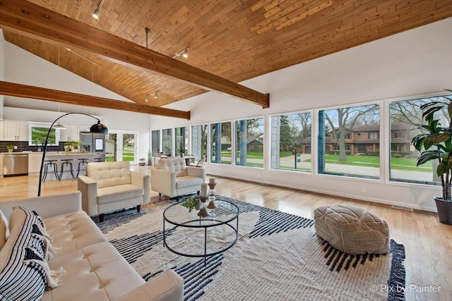 1520 Silver Maple Ct, Naperville, IL 60563 - living room featuring high vaulted ceiling, wood ceiling with exposed beams, light wood finished floors, and track lighting