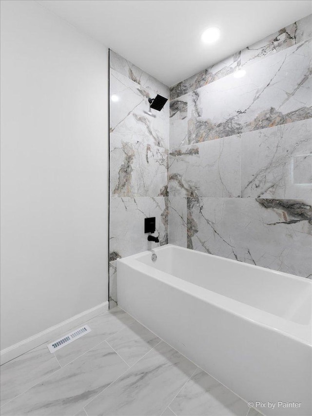 1520 Silver Maple Ct, Naperville, IL 60563 - full bath featuring marble look tile flooring, shower / tub combination, baseboards, and recessed lighting