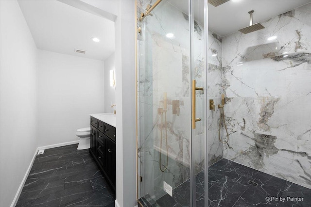 1520 Silver Maple Ct, Naperville, IL 60563 - bathroom featuring marble tiled flooring, a marble finish shower, vanity, toilet, and baseboards