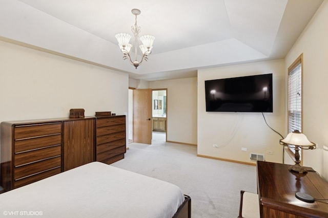 5 N Chestnut Ct, Hawthorn Woods, IL 60047 - bedroom with light colored carpet, a tray ceiling, a chandelier, and baseboards