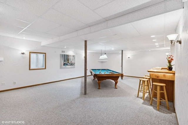 5 N Chestnut Ct, Hawthorn Woods, IL 60047 - rec room featuring carpet, pool table, baseboards, and a drop ceiling