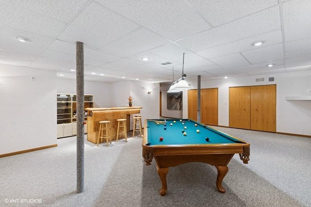5 N Chestnut Ct, Hawthorn Woods, IL 60047 - recreation room featuring carpet floors, bar area, baseboards, pool table, and a drop ceiling