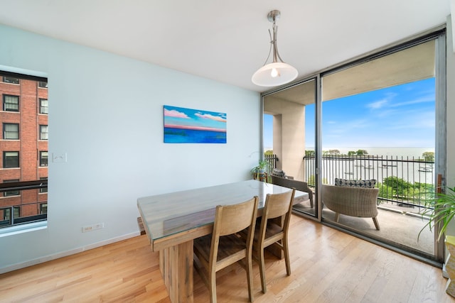 3200 N Lake Shore Dr Unit 911, Chicago, IL 60657 - dining room featuring light wood-style floors, a water view, baseboards, and a wall of windows