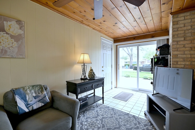 8 S Merrill, Park Ridge, IL 60068 - living area featuring wooden ceiling, light tile patterned floors, and a ceiling fan