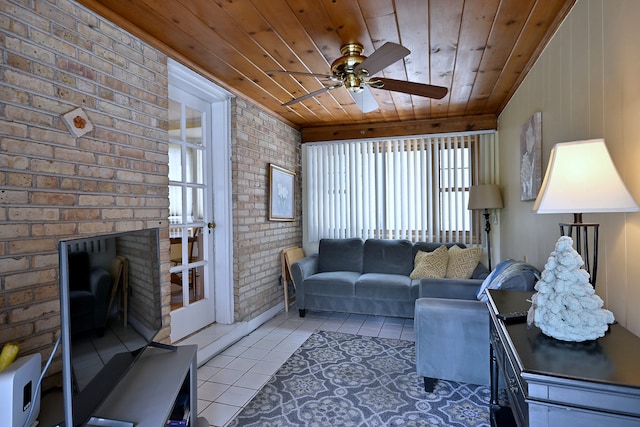 8 S Merrill, Park Ridge, IL 60068 - living area featuring wooden ceiling, light tile patterned floors, a ceiling fan, and brick wall