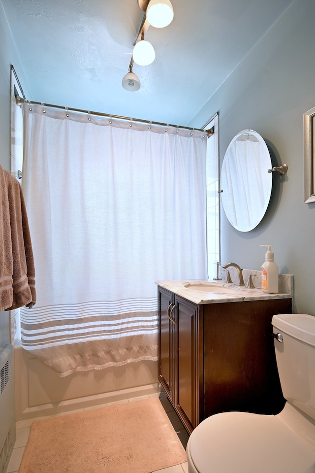 8 S Merrill, Park Ridge, IL 60068 - full bathroom with toilet, vanity, shower / bath combo with shower curtain, radiator, and tile patterned floors