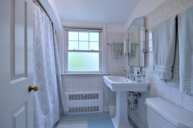 8 S Merrill, Park Ridge, IL 60068 - full bath with radiator heating unit, toilet, tile patterned floors, and a shower with shower curtain