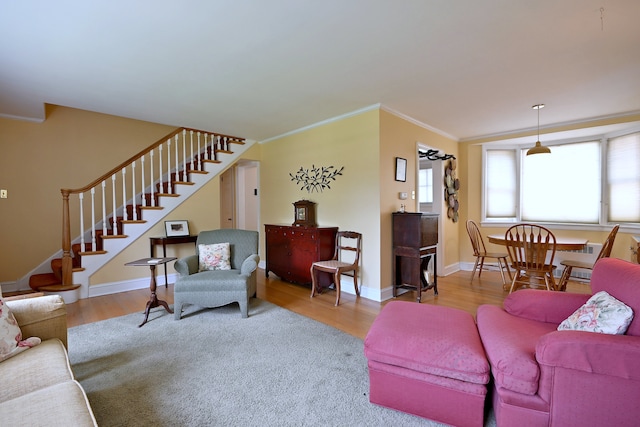 8 S Merrill, Park Ridge, IL 60068 - living room with stairway, wood finished floors, crown molding, and baseboards