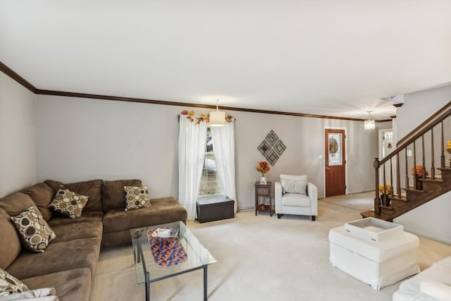 961 N Arrowhead Dr, Palatine, IL 60074 - carpeted living room with ornamental molding and stairs
