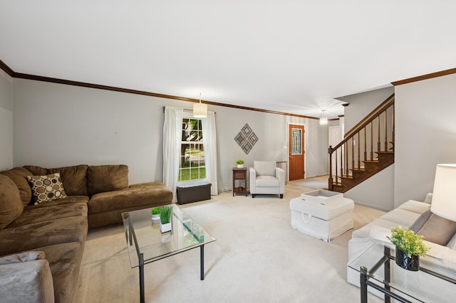 961 N Arrowhead Dr, Palatine, IL 60074 - living room with crown molding, stairs, and light carpet