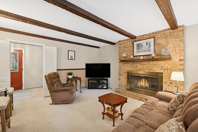 961 N Arrowhead Dr, Palatine, IL 60074 - living room with light carpet, a brick fireplace, and beam ceiling