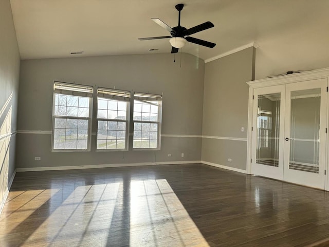 3292 Bromley Ln, Aurora, IL 60502 - spare room featuring french doors, lofted ceiling, wood finished floors, ceiling fan, and baseboards