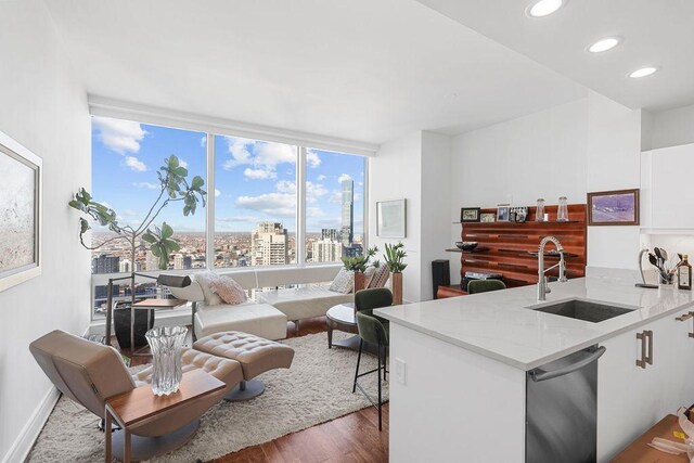 401 N Wabash Ave Unit 42E, Chicago, IL 60611 - kitchen with a sink, stainless steel dishwasher, dark wood-type flooring, white cabinetry, and a view of city