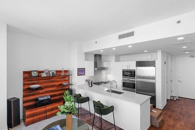 401 N Wabash Ave Unit 42E, Chicago, IL 60611 - kitchen with built in appliances, a sink, wall chimney exhaust hood, a peninsula, and light countertops