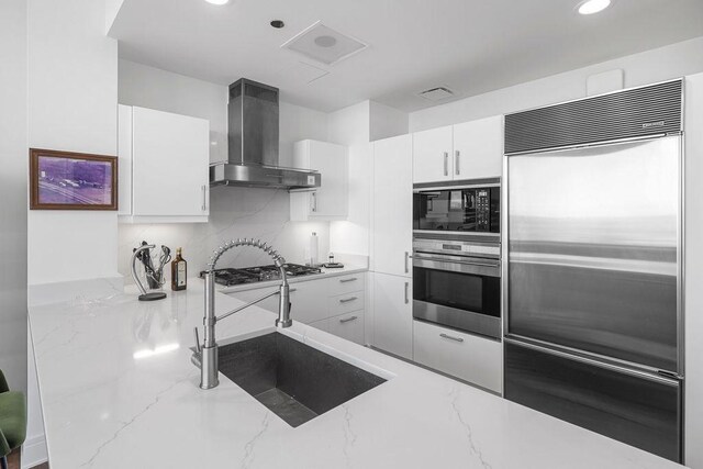 401 N Wabash Ave Unit 42E, Chicago, IL 60611 - kitchen featuring appliances with stainless steel finishes, exhaust hood, a sink, white cabinets, and recessed lighting