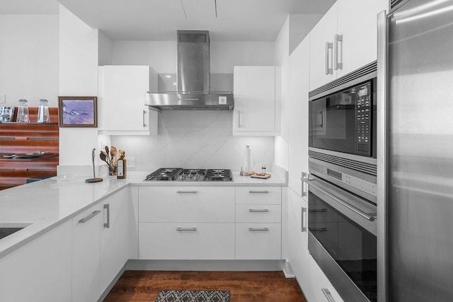 401 N Wabash Ave Unit 42E, Chicago, IL 60611 - kitchen with stainless steel appliances, island exhaust hood, white cabinets, dark wood-style flooring, and decorative backsplash