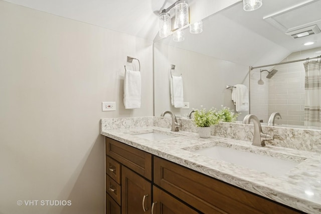 614 S Patton Ave, Arlington Heights, IL 60005 - bathroom with double vanity, lofted ceiling, and a shower with shower curtain