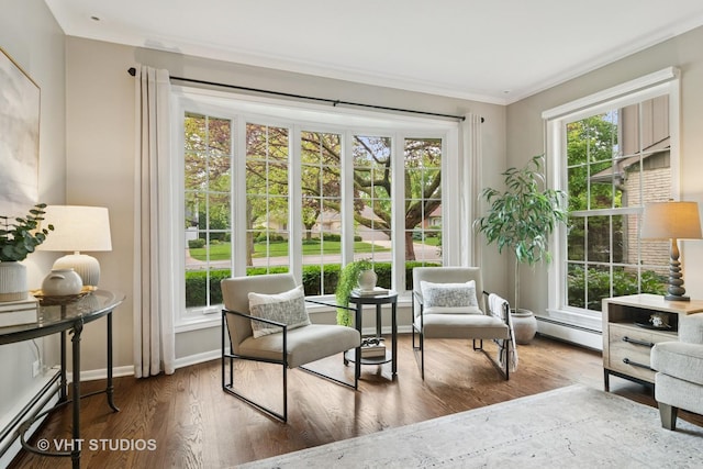 614 S Patton Ave, Arlington Heights, IL 60005 - sitting room with baseboard heating, wood finished floors, baseboards, and crown molding