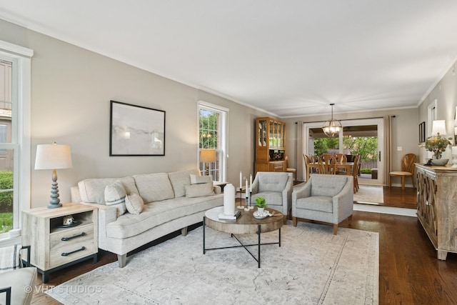 614 S Patton Ave, Arlington Heights, IL 60005 - living room with dark wood finished floors, crown molding, and a chandelier