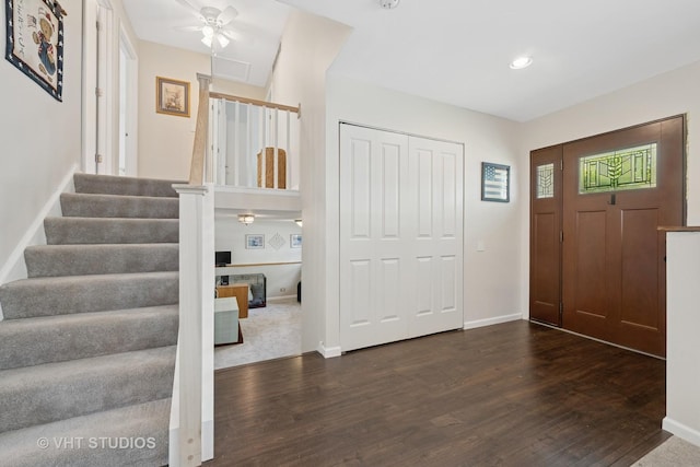 150 Red Bridge Rd, Lake Zurich, IL 60047 - entrance foyer featuring dark wood-style flooring, a ceiling fan, baseboards, recessed lighting, and stairs