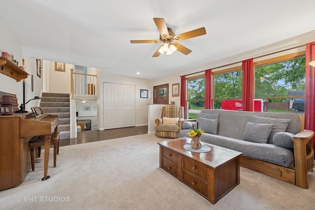 150 Red Bridge Rd, Lake Zurich, IL 60047 - living room with light carpet, ceiling fan, stairway, and recessed lighting