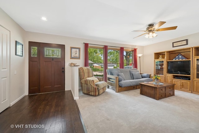 150 Red Bridge Rd, Lake Zurich, IL 60047 - living room featuring a ceiling fan, baseboards, hardwood / wood-style floors, and recessed lighting