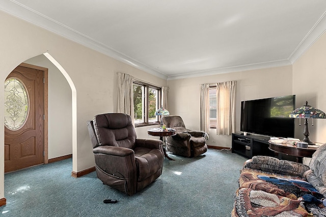 18122 Wentworth Ave, Lansing, IL 60438 - carpeted living room with arched walkways, crown molding, and baseboards