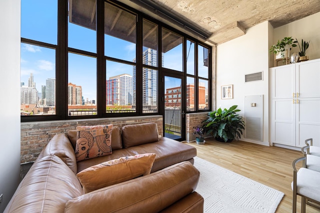 320 E 21st St Unit 402, Chicago, IL 60616 - living room featuring wood finished floors, a skyline view, healthy amount of natural light, and a high ceiling