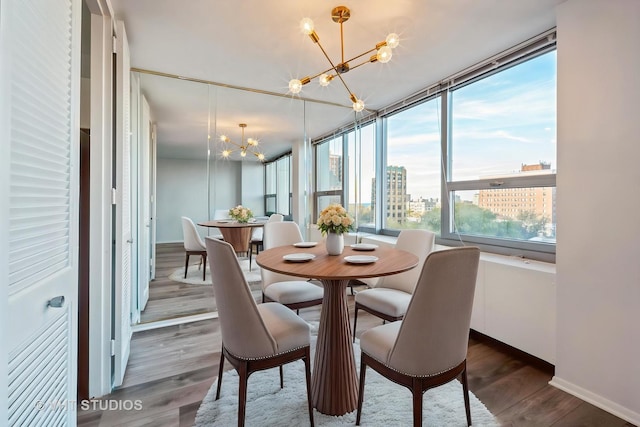 1700 E 56th St Unit 904, Chicago, IL 60637 - dining room featuring a chandelier, plenty of natural light, wood finished floors, and a view of city
