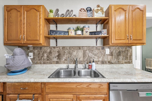 509 S Main St, Homer, IL 61849 - kitchen featuring stainless steel dishwasher, a sink, open shelves, and backsplash