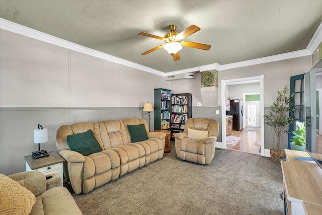 509 S Main St, Homer, IL 61849 - living area featuring carpet, a ceiling fan, and crown molding