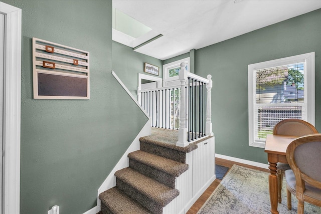 509 S Main St, Homer, IL 61849 - stairway featuring healthy amount of natural light, baseboards, wood finished floors, a skylight, and a textured wall