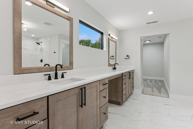 1527 N Louise Ln, Palatine, IL 60067 - bathroom featuring double vanity, a marble finish shower, marble look tiles, and recessed lighting