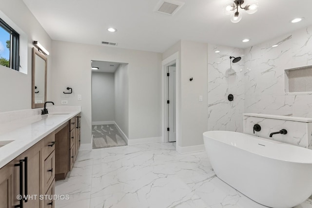 1527 N Louise Ln, Palatine, IL 60067 - full bath featuring a soaking tub, double vanity, recessed lighting, marble finish flooring, and a marble finish shower