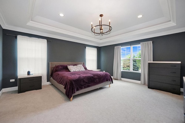 6704 Whisper Glen Dr, Plainfield, IL 60586 - carpeted bedroom featuring a raised ceiling, a chandelier, and ornamental molding